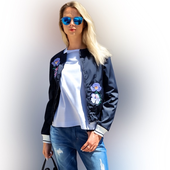 MARELLA Jackets & Blazers - MARELLA Dark Blue Bomber Jacket with Floral Embroidery